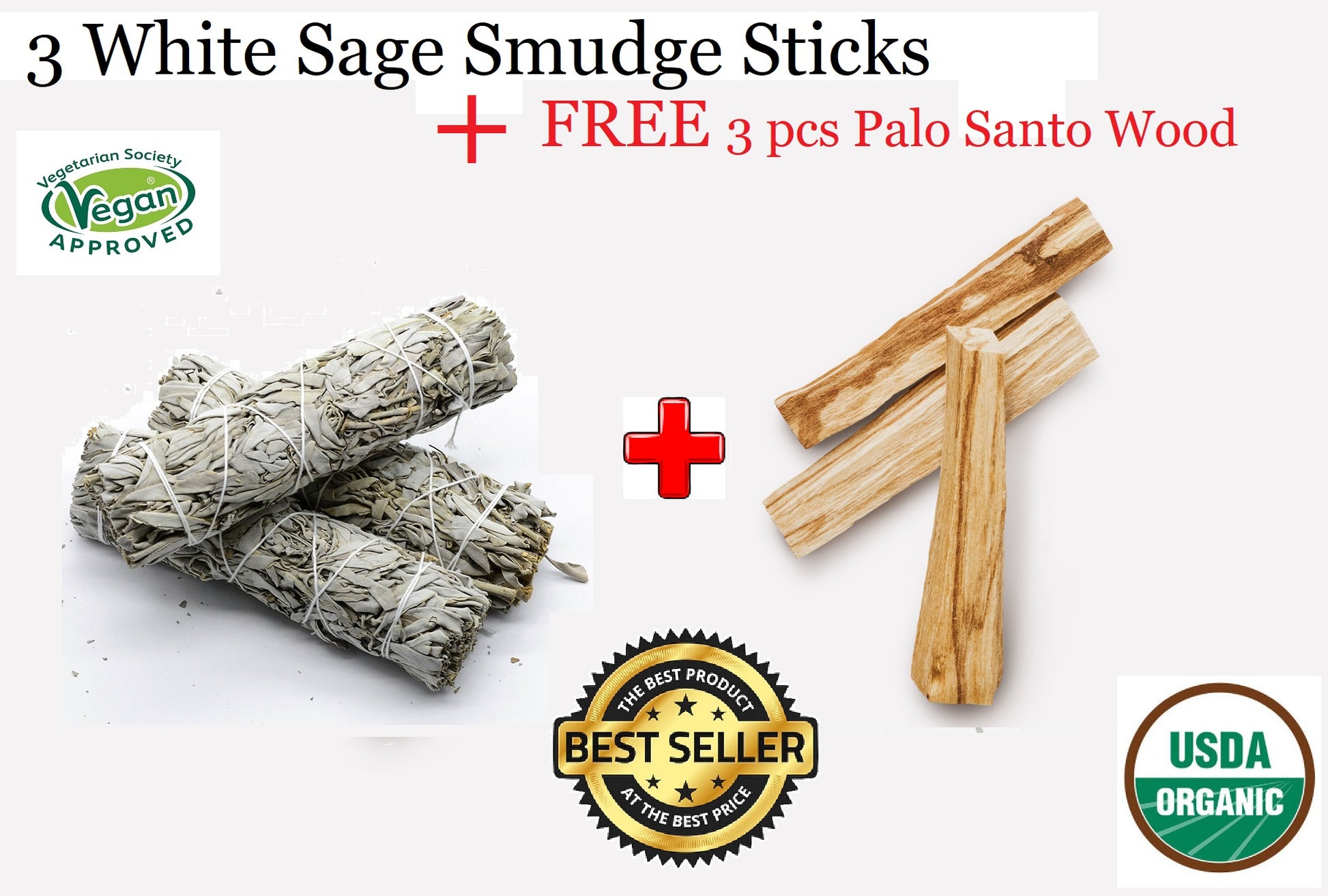 3 Pieces White Sage Smudge Stick + FREE 3 Pieces Palo Santo Wood Stick