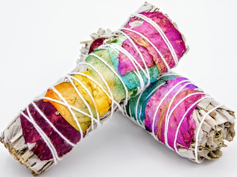 2 pcs 7 Chakra White Sage Wand Stick from California mini size 4 in